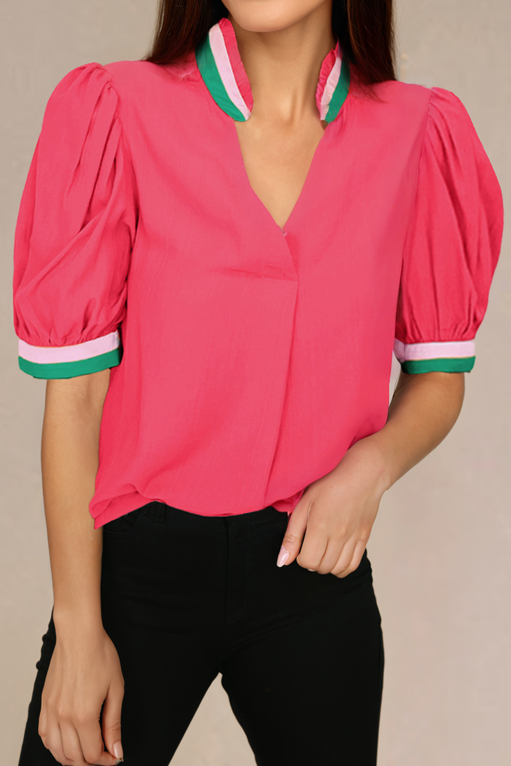 Carrot Colorful Trim V Neck Short Sleeve Blouse