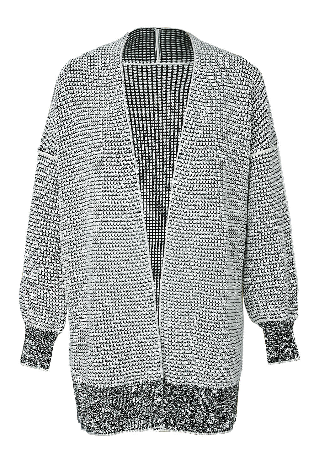 Grau karierte, lange Strickjacke mit offener Vorderseite