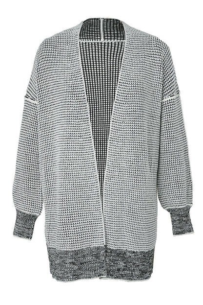 Grau karierte, lange Strickjacke mit offener Vorderseite