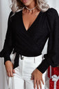 Schwarze Glitzer-Wickelbluse mit V-Ausschnitt, Bindesaum und Puffärmeln