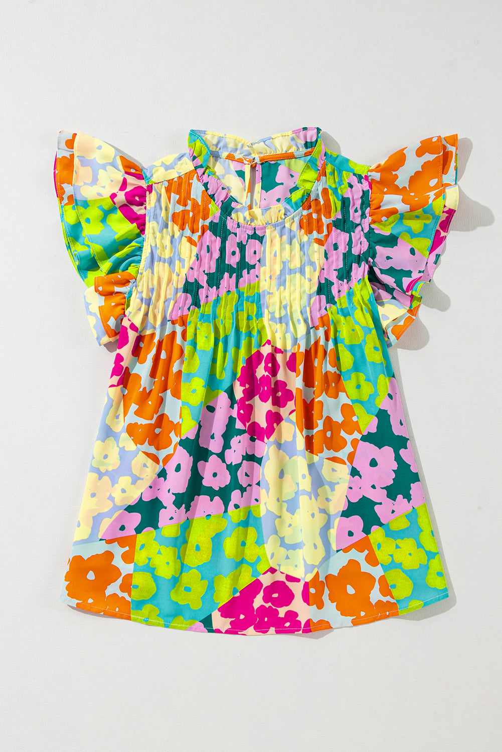 Mehrfarbige Bluse mit abstraktem Print und plissierten Flügelärmeln
