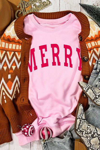 Rosa, locker sitzendes Weihnachts-Sweatshirt mit „MERRY“-Alphabet-Print