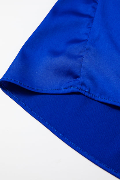 Dunkelblaue asymmetrische Satinbluse mit Glockenärmeln und One-Shoulder-Träger