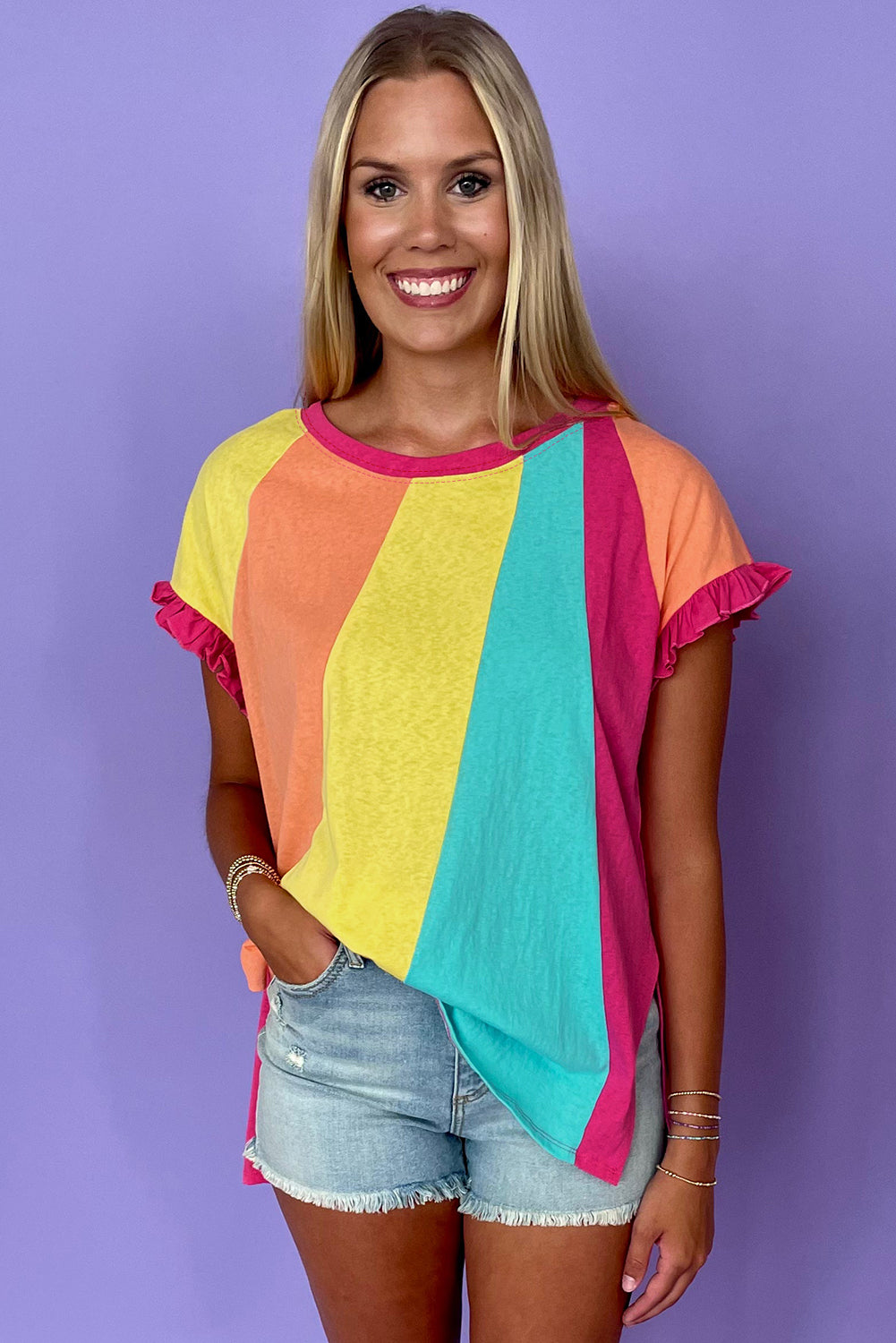 Rosarotes T-Shirt mit Rundhalsausschnitt und lockerer Passform und Farbblock