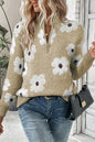 Khakifarbener Pullover mit Blumenmuster und halblangem Reißverschluss und überschnittener Schulter