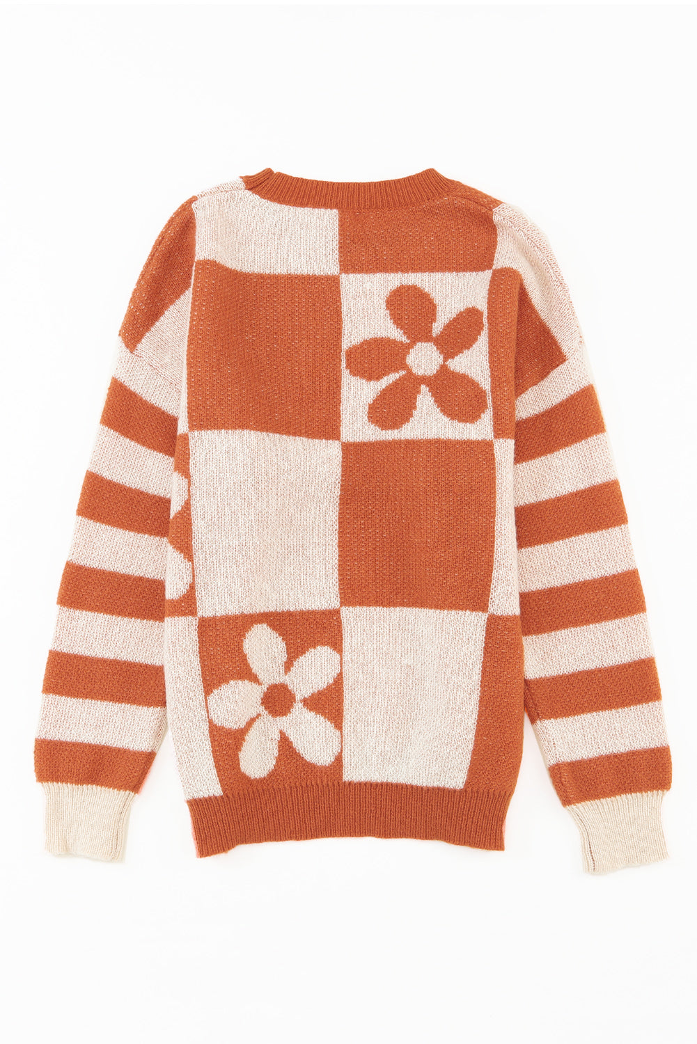 Brauner Pullover mit kariertem Blumenmuster und gestreiften Ärmeln
