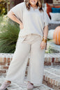 Beiges Plus Size Set aus strukturiertem Oberteil und Hose mit Kragen