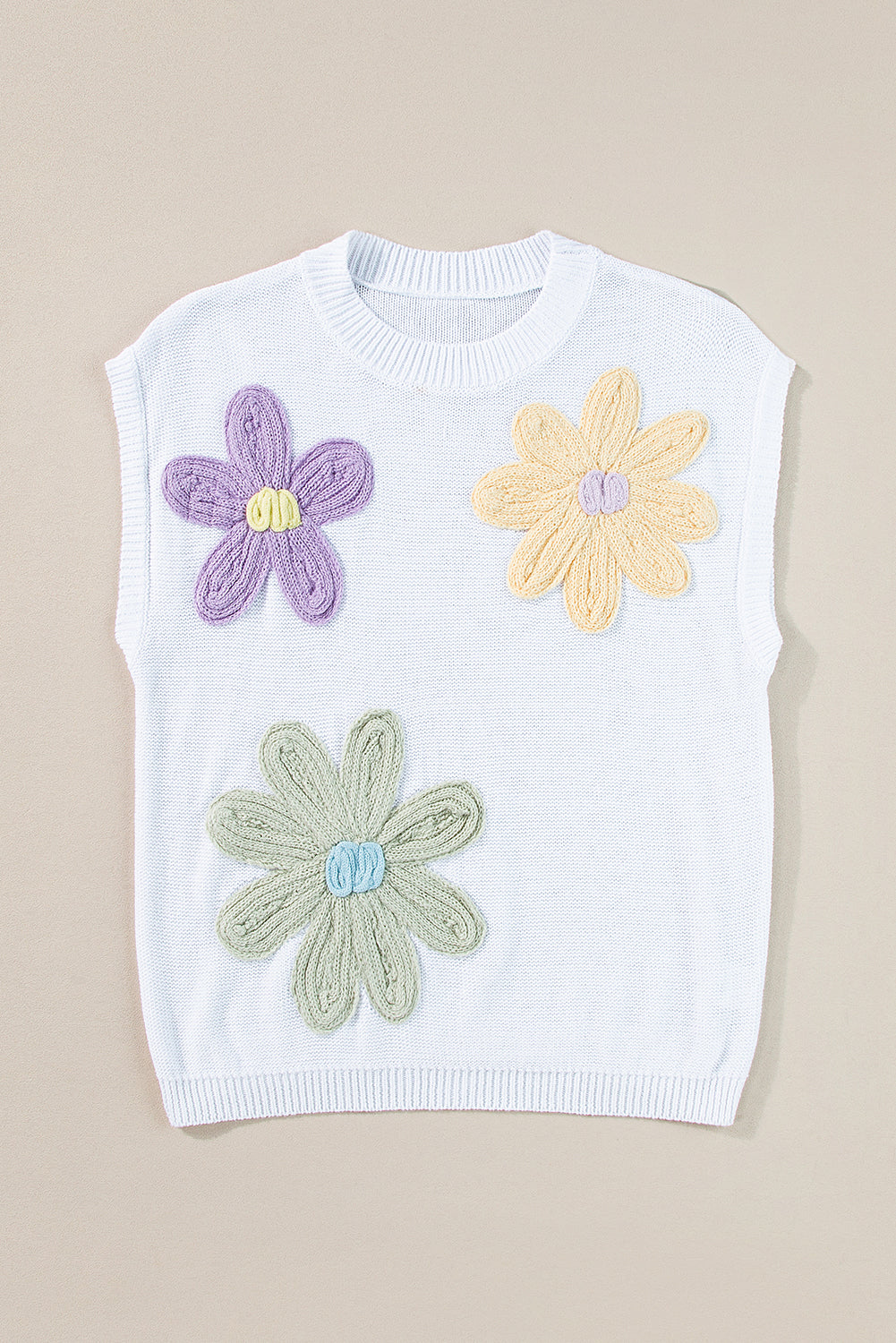 Weiße, mehrfarbige, kurzärmlige Pullover mit Häkelblumenmuster