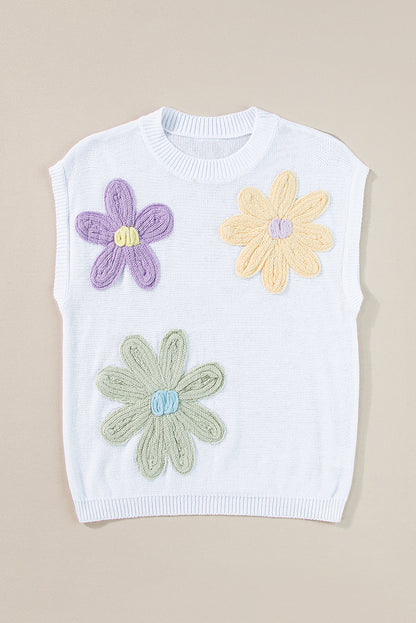 Weiße, mehrfarbige, kurzärmlige Pullover mit Häkelblumenmuster