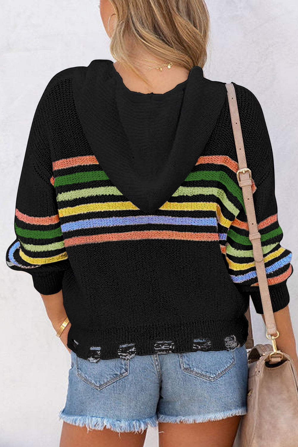 Schwarzer Strickjacke mit Streifendetail und Kapuze