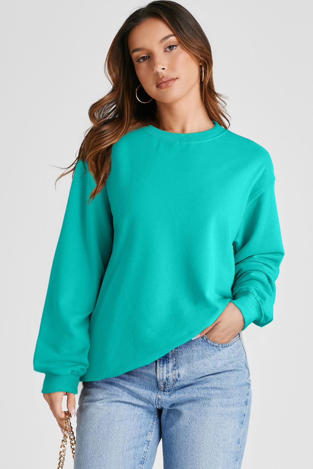 Aruba Blaues, schlichtes Sweatshirt mit Rundhalsausschnitt und überschnittener Schulter