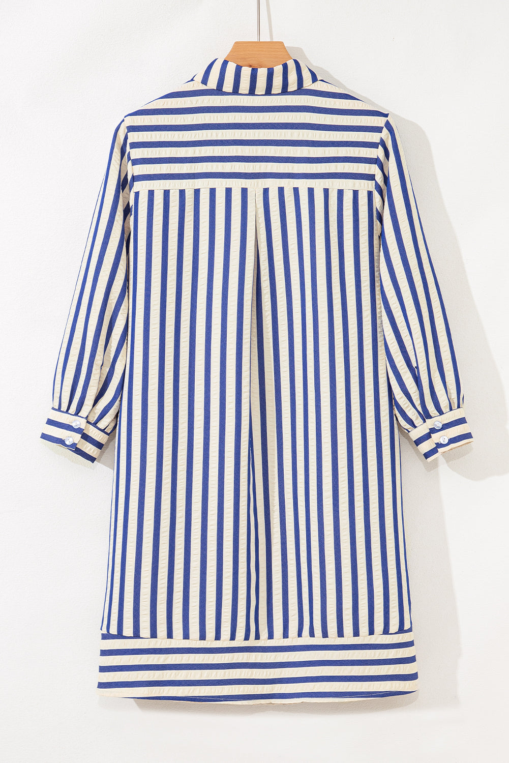 Blue Stripe Collared Half Button Side Pockets Loose Fit Mini Dress