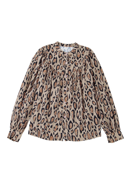 Helles französisches Beige, Oversize-Freizeithemd mit Ballonärmeln und Leopardenmuster