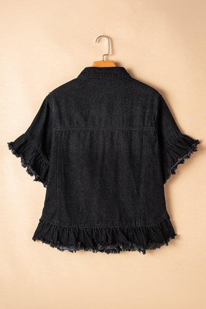 Schwarze, gerüschte, kurzärmlige Jeansjacke mit ungesäumten Kanten