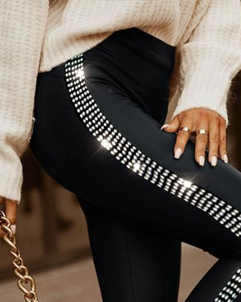 Elevate Your Commute with Rhinestone Small Slit Tight Trousers