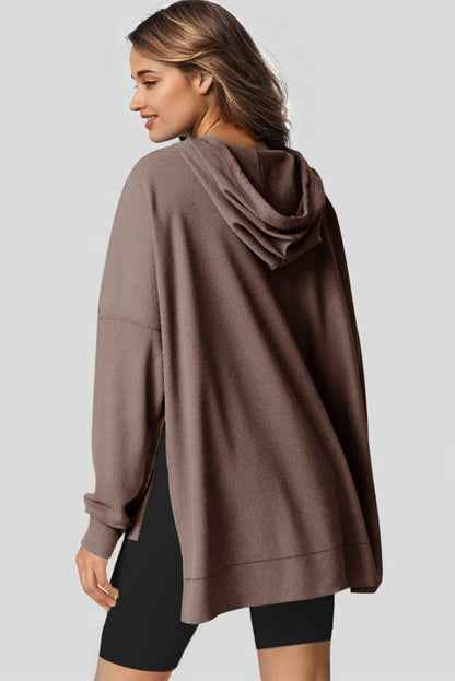 Kaffeefarbener, übergroßer Kapuzenpullover mit Waffelstrick und Fleecefutter