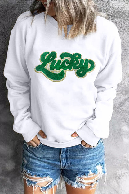 Weißes Chenille-Sweatshirt mit glänzendem Besatz und Glücksmuster