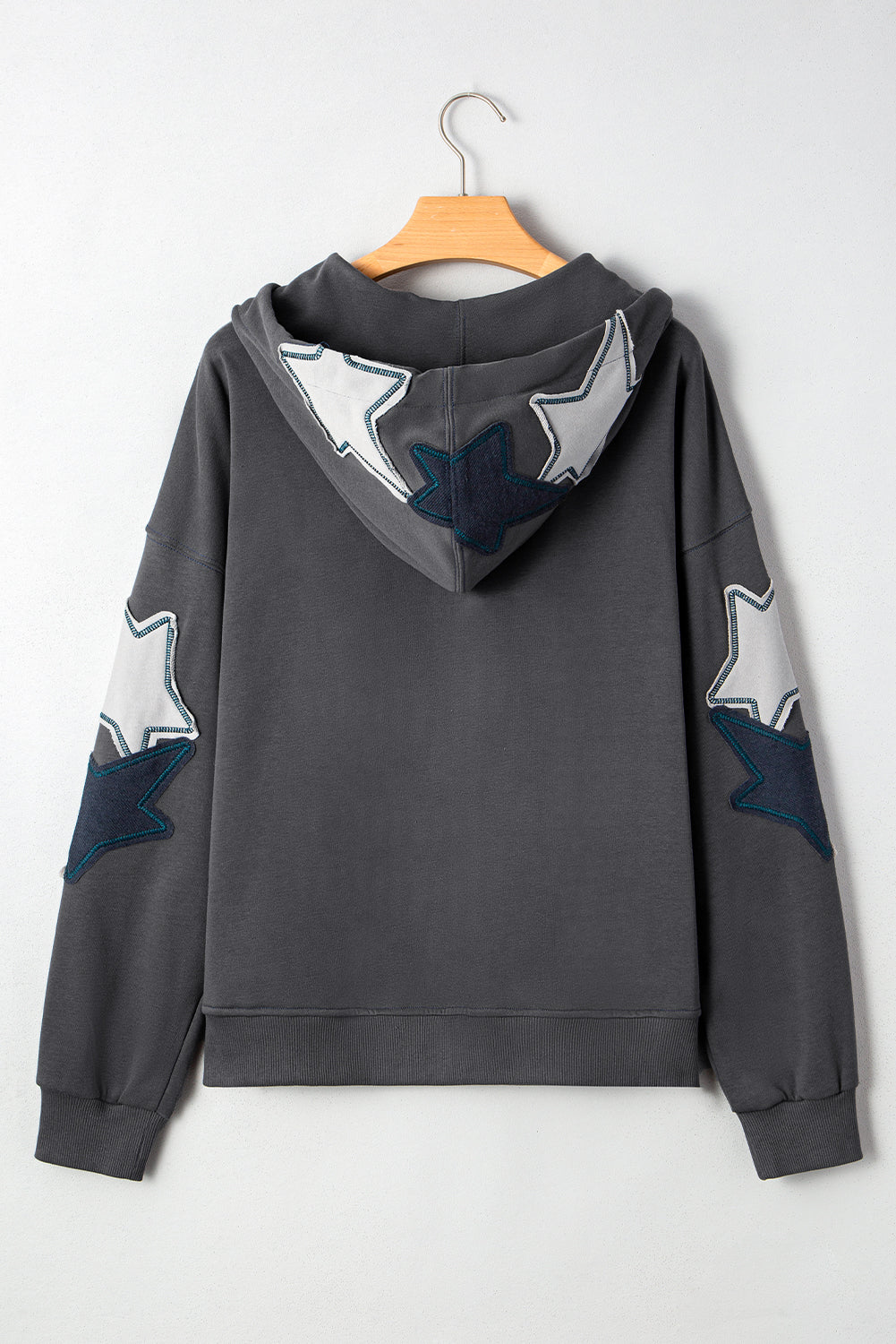 Carbon Grey Star Patchwork Contrast Stitching Mineral Wash Kangaroo Pocket Vintage Hoodie