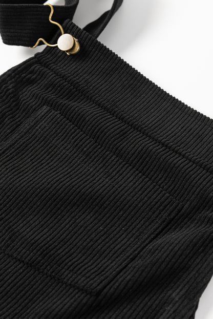 Schwarzes, einfarbiges, ärmelloses Cord-Overallkleid mit Fronttaschen