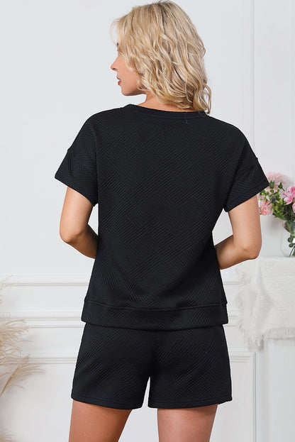 Schwarzes, trendiges, strukturiertes, paillettenbesetztes Baseball-Shorts-Set mit Grafik