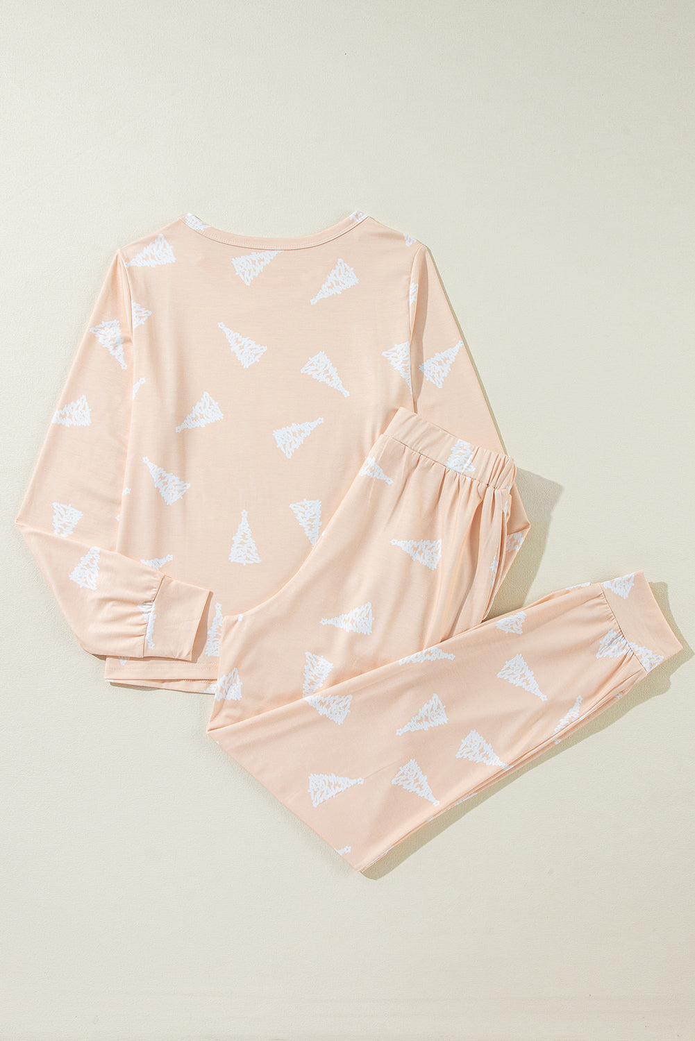 Aprikosenfarbenes, zweiteiliges Pyjama-Set mit Weihnachtsbaum-Print und lockerer Passform