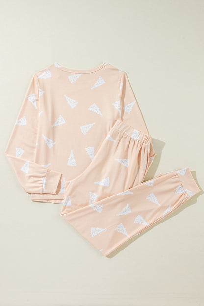 Aprikosenfarbenes, zweiteiliges Pyjama-Set mit Weihnachtsbaum-Print und lockerer Passform