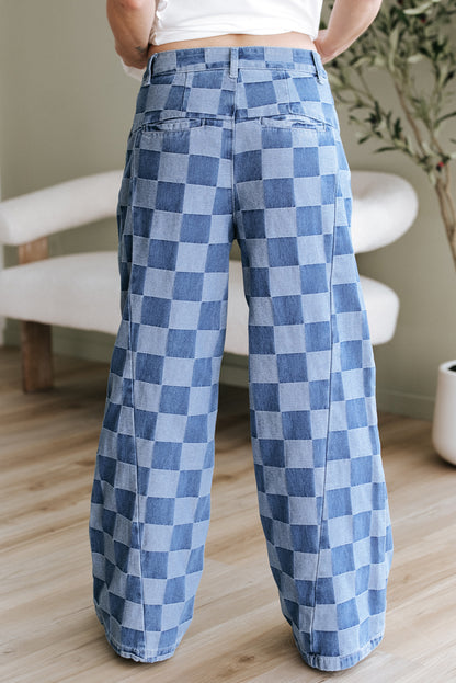 Abendblaue Jeans mit weitem Bein und Karomuster