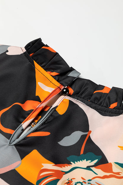 Schwarze Bluse mit Stehkragen und Blumenmuster