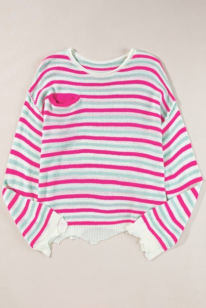 Oversize-Pullover mit überschnittenen Schultern und Tasche, Rosenstreifen