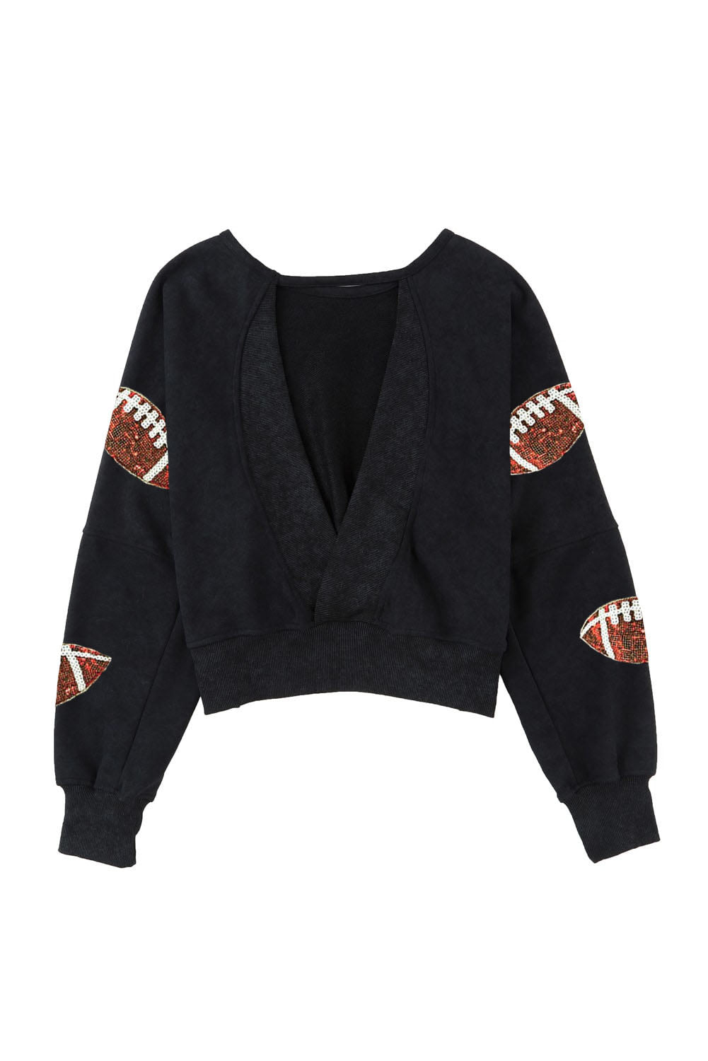 Schwarzes Sweatshirt mit offener Rückseite und Rugby-Grafik und Pailletten