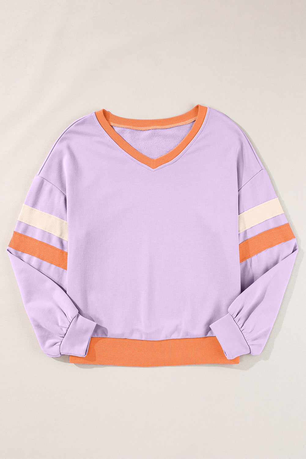 Orchid Bouquet Kontrast Rippstrick Patchwork Überschnittene Schultern V-Ausschnitt Sweatshirt