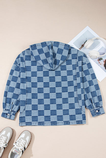 Sky Blue Checkerboard Zipped Neck Kangaroo Pocket Denim Hoodie