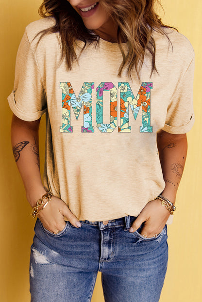 Khakifarbenes T-Shirt mit MOM-Blumenbuchstaben-Print