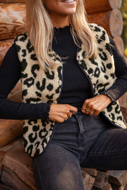 Schwarzer Sherpa-Westenmantel mit Leopardenmuster