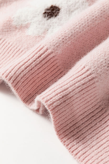 Rosa Pullover mit Blumenmuster und halblangem Reißverschluss sowie überschnittenen Schultern