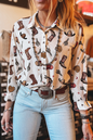 White Western Fashion Print Button Up Casual Shirt
