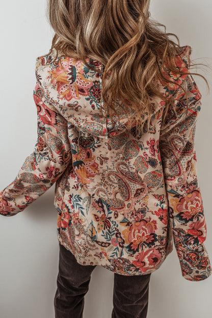 Beige Vintage Paisley Blumendruck Sherpa-gefütterte Kapuzenjacke
