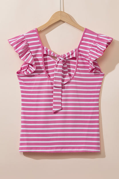 Rosa gestreiftes T-Shirt mit Schmetterlingsärmeln, V-Ausschnitt und ausgehöhltem Knoten auf der Rückseite