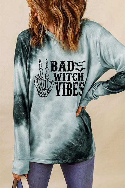 Graues Batik-Langarmshirt mit BAD WITCH VIBES-Grafik