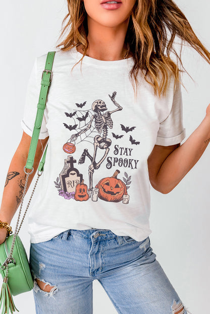 Halloween-T-Shirt mit Totenkopf-Kürbis-Gesicht, Motiv: STAY SPOOKY, Grafik