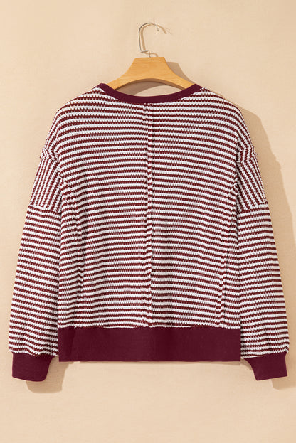 Red Stripe Ribbed Trim Drop Shoulder Long Sleeve Oversize Top