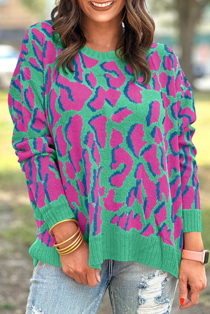 Grüner Baggy-Pullover mit abstraktem Print und geripptem Saum