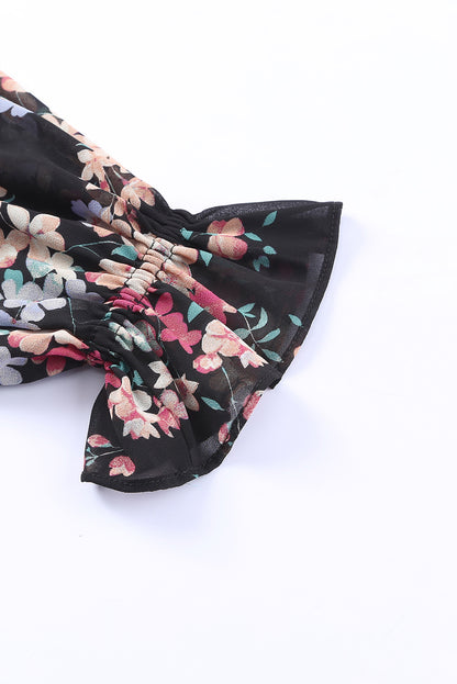 Schwarze Chiffonbluse mit Wildblumen-Print