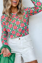 Feurig rotes, dehnbares Langarm-Top mit Retro-Blumendruck