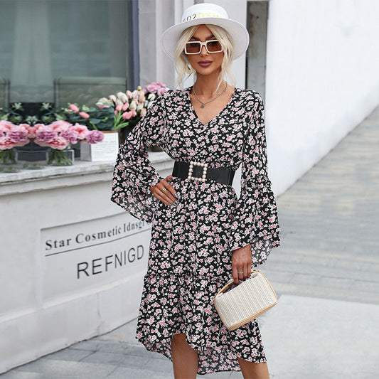 Damen unregelmäßiges langärmeliges Blumenrock-Herbst- und Winterkleid 