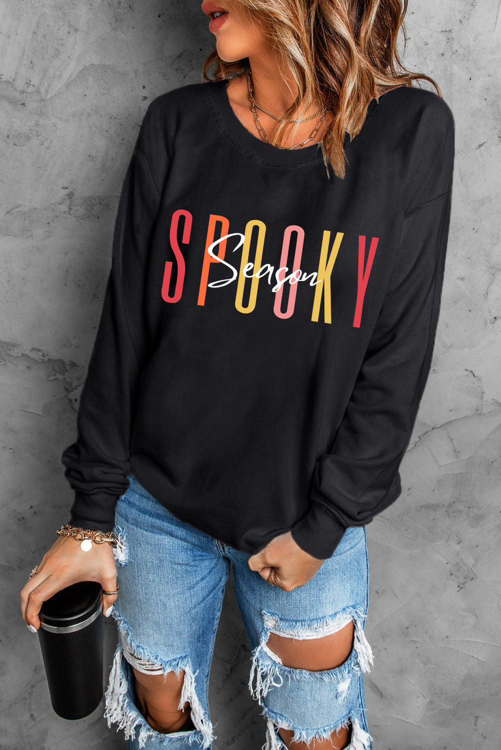 Schwarzes Gruselsaison Halloween Fashion Grafik Sweatshirt