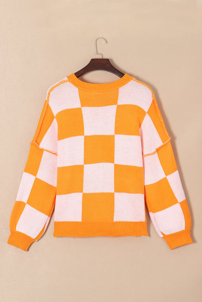 Orange karierter Pullover mit Bischofsärmeln