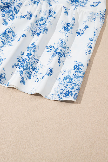 Sky Blue Boho Floral High Waist Ruffle Split Maxi Skirt