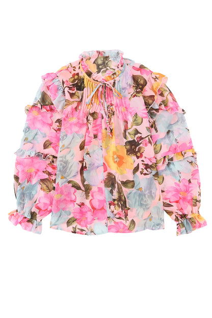 Rosa Bluse mit Blumenmuster und Rüschen