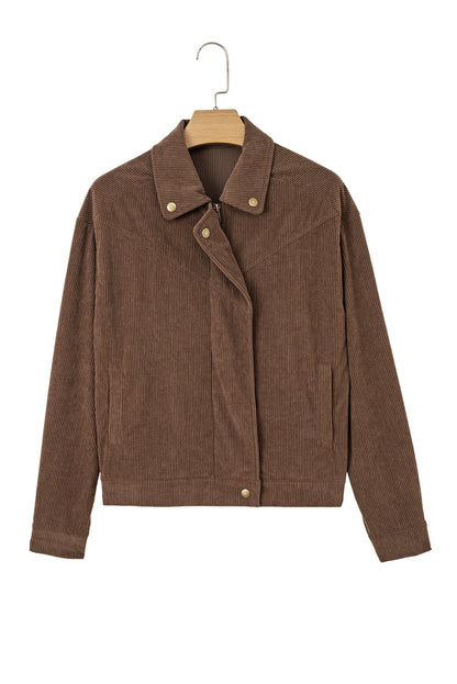 Dark Khaki Button Zip Up Lapel Collar Corduroy Jacket